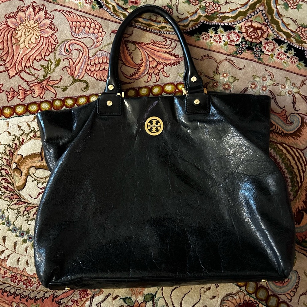 Tory Burch Distressed Black Leather with Gold Hardware Dena Tote